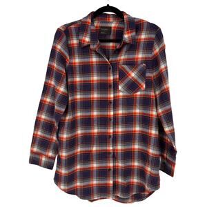 Free Press Women's Long Plaid Flannel Cotton Blend Button Up Shirt Size Small